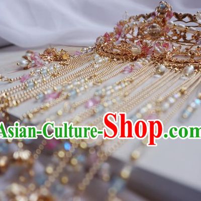 Chinese Classical Wedding Pearls Hair Crown and Tassel Step Shake Handmade Traditional Bride Hair Accessories Complete Set