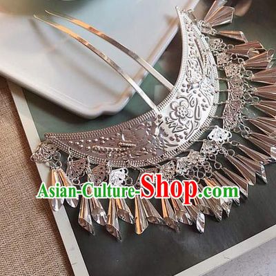 Handmade Chinese Miao Nationality Hair Clip Traditional Hair Accessories Ancient Princess Tassel Argent Hairpins for Women
