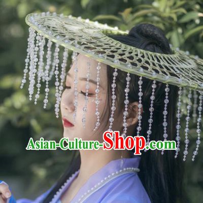 Chinese Traditional Ancient Hanfu Tassel Hat Headwear Handmade Ming Dynasty Female Swordsman Bamboo Hat for Women