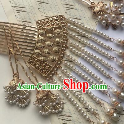 Handmade Chinese Tang Dynasty Court Hair Clip Traditional Hair Accessories Ancient Empress Beads Tassel Golden Hairpins for Women