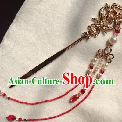 Handmade Chinese Tang Dynasty Golden Orchid Hair Clip Traditional Hair Accessories Ancient Empress Red Beads Tassel Hairpins for Women