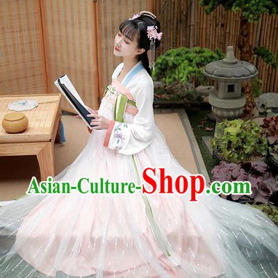 Chinese Traditional Tang Dynasty Noble Lady Hanfu Garment Ancient Costumes White Blouse and Pink Dress for Women