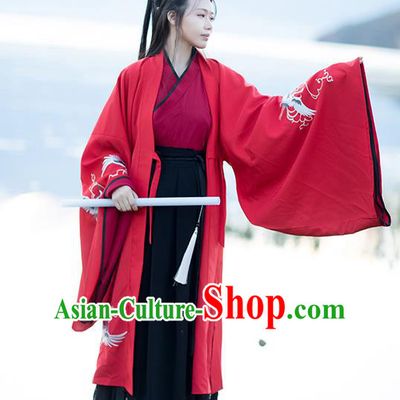 Chinese Traditional Han Dynasty Female Swordsman Hanfu Garment Ancient Knight Costumes Red Cloak Blouse and Black Skirt Full Set