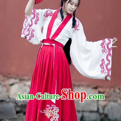 Chinese Ancient Tang Dynasty Village Girl Hanfu Garment Costumes Traditional White Blouse Strapless and Red Skirt Full Set