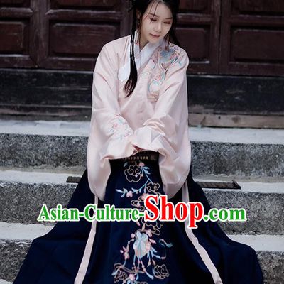 Chinese Ancient Ming Dynasty Hanfu Garment Costumes Traditional Embroidered Pink Blouse and Navy Skirt for Rich Lady