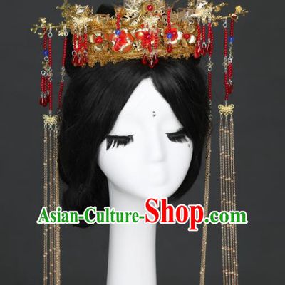 Chinese Traditional Ancient Princess Red Beads Tassel Hair Crown Handmade Bride Hair Accessories Hanfu Wedding Headwear for Women