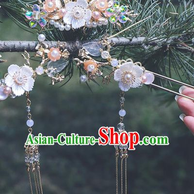 Chinese Classical Wedding Shell Flowers Hair Crown and Tassel Hairpins Handmade Traditional Bride Hair Accessories Complete Set