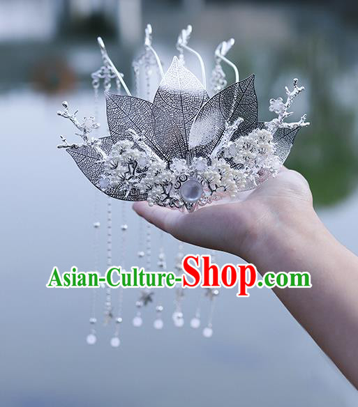 Chinese Classical Argent Leaf Tassel Hair Crown Handmade Traditional Court Hair Accessories Chinese Classical Argent Leaf Tassel Hair Crown Handmade Traditional Court Hair Accessories