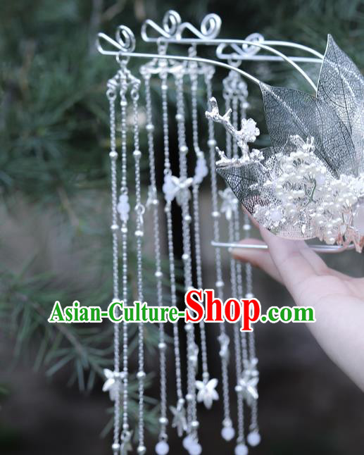 Chinese Classical Argent Leaf Tassel Hair Crown Handmade Traditional Court Hair Accessories Chinese Classical Argent Leaf Tassel Hair Crown Handmade Traditional Court Hair Accessories