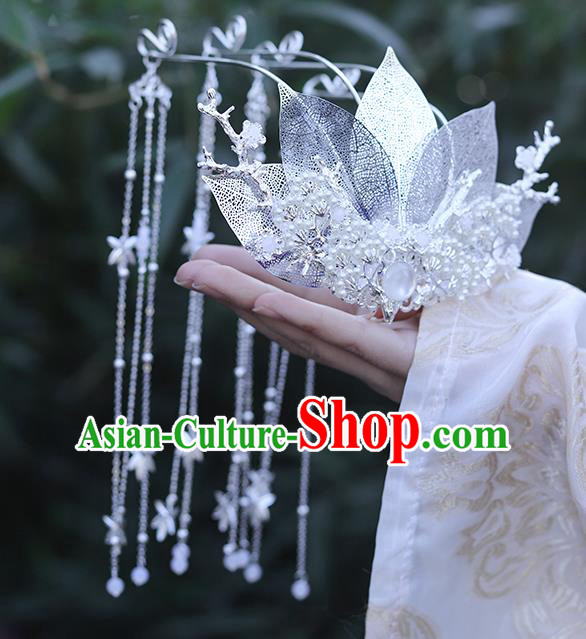 Chinese Classical Argent Leaf Tassel Hair Crown Handmade Traditional Court Hair Accessories Chinese Classical Argent Leaf Tassel Hair Crown Handmade Traditional Court Hair Accessories