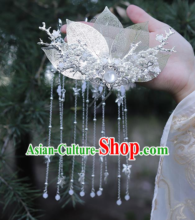 Chinese Classical Argent Leaf Tassel Hair Crown Handmade Traditional Court Hair Accessories Chinese Classical Argent Leaf Tassel Hair Crown Handmade Traditional Court Hair Accessories