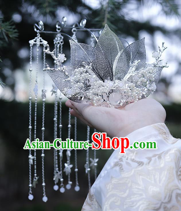 Chinese Classical Argent Leaf Tassel Hair Crown Handmade Traditional Court Hair Accessories Chinese Classical Argent Leaf Tassel Hair Crown Handmade Traditional Court Hair Accessories