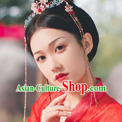 Chinese Classical Golden Tassel Hair Crown Hairpins Handmade Traditional Court Hair Accessories Pine Phoenix Coronet