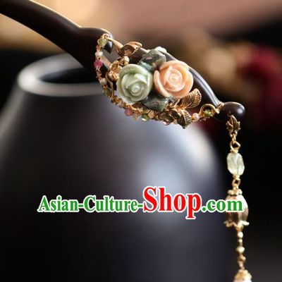 Handmade Chinese Cheongsam Ceramics Roses Hair Clip Traditional Hanfu Hair Accessories Ebony Hairpins for Women