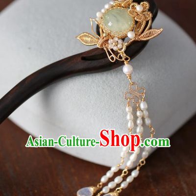 Handmade Chinese Cheongsam Chrysoprase Ebony Hair Clip Traditional Hanfu Hair Accessories Pearls Tassel Hairpins for Women