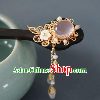Handmade Chinese Cheongsam Silk Flower Hair Clip Traditional Hanfu Hair Accessories Pink Chalcedony Ebony Hairpins for Women