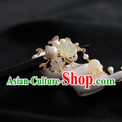 Handmade Chinese Cheongsam Green Jade Rose Hair Clip Traditional Hanfu Hair Accessories Pearls Ebony Hairpins for Women
