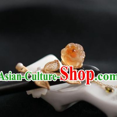 Handmade Chinese Cheongsam Red Jade Rose Hair Clip Traditional Hanfu Hair Accessories Ebony Hairpins for Women