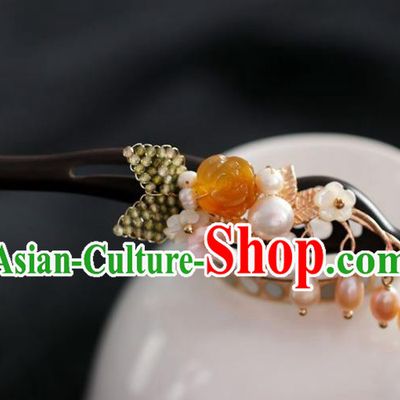 Handmade Chinese Cheongsam Yellow Rose Hair Clip Traditional Hanfu Hair Accessories Pearls Tassel Ebony Hairpins for Women