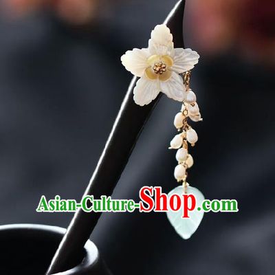 Handmade Chinese Cheongsam Pearls Tassel Shell Flower Hair Clip Traditional Hanfu Hair Accessories Ebony Hairpins for Women