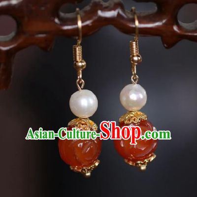 Chinese Handmade Hanfu Red Jade Earrings Traditional Ear Jewelry Accessories Classical Pearl Eardrop for Women