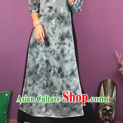Thailand Traditional Printing Grey Qipao Dress Asian Thai National Cotton Dress Photography Costumes for Women