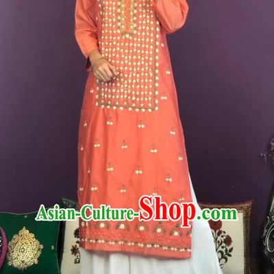 Thailand Traditional Qipao Dress Asian Thai National Embroidered Orange Cotton Dress and Loose Pants Photography Costumes for Women