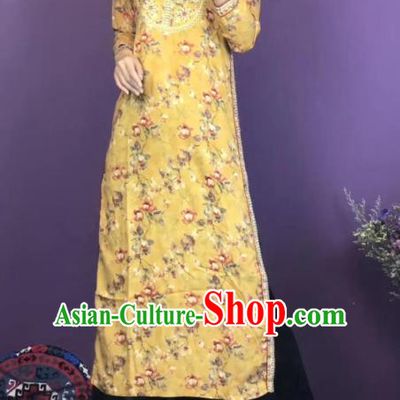 Thailand Traditional Printing Flowers Kurta Dress Asian Thai National Yellow Cotton Dress and Loose Pants Photography Costumes for Women