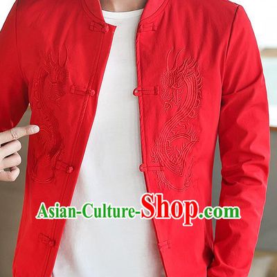 Chinese Traditional Embroidered Dragon Red Jacket Tang Suit Overcoat Costumes for Men