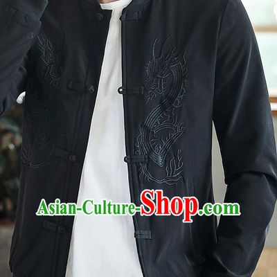 Chinese Traditional Embroidered Dragon Black Jacket Tang Suit Overcoat Costumes for Men