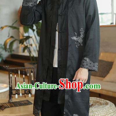 Chinese Traditional Embroidered Wave Black Dust Coat Tang Suit Overcoat Costumes Outer Garment for Men