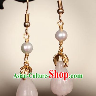 Chinese Handmade Hanfu Earrings Traditional Ear Jewelry Accessories Classical Pink Jade Eardrop for Women