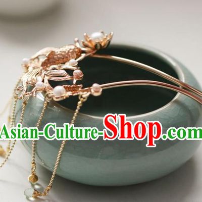 Chinese Cheongsam Golden Fish Hair Clip Traditional Hanfu Hair Accessories Handmade Song Dynasty Bells Tassel Hairpins for Women
