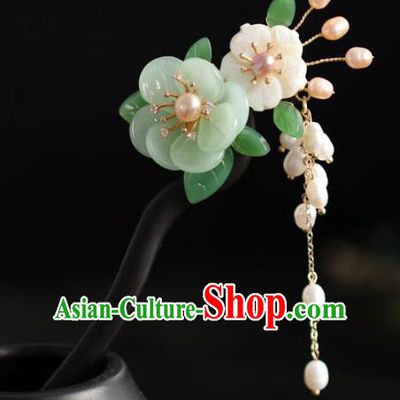 Chinese Cheongsam Pearls Tassel Hair Clip Traditional Hanfu Hair Accessories Handmade Ebony Green Peach Blossom Hairpins for Women