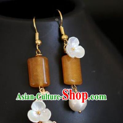 Chinese Handmade Hanfu Jade Earrings Traditional Ear Jewelry Accessories Classical Yellow Eardrop for Women