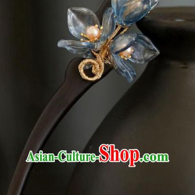 Chinese Cheongsam Ebony Hair Clip Traditional Hanfu Hair Accessories Handmade Blue Yulan Magnolia Hairpins for Women