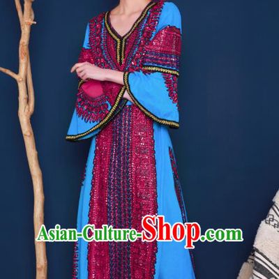 Thailand Traditional Embroidery Beads Blue Dress Photography Informal Costumes for Women