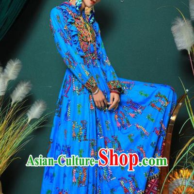 Thailand Traditional Embroidery Beads Blue Dress Photography Morocco National Informal Costumes for Women