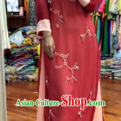 Thailand Traditional Handmade Embroidery Red Dress Photography Asian Indian National Informal Costumes for Women