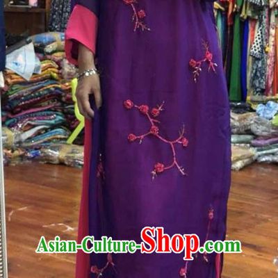 Thailand Traditional Handmade Embroidery Purple Dress Photography Asian Indian National Informal Costumes for Women