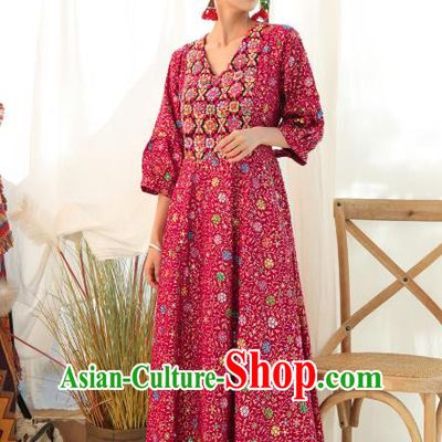 Thailand Traditional Handmade Magenta Dress Photography Asian Thai National Informal Costumes for Women