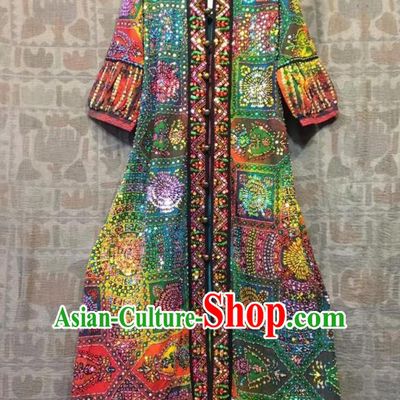 Thailand Traditional Sequins Dress Photography Asian Thai National Embroidered Beach Dress Costumes for Women