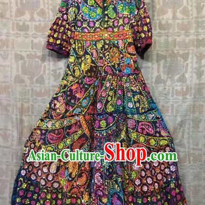 Thailand Traditional Embroidered Beads Navy Dress Photography Asian Thai National Beach Dress Sequins Costumes for Women