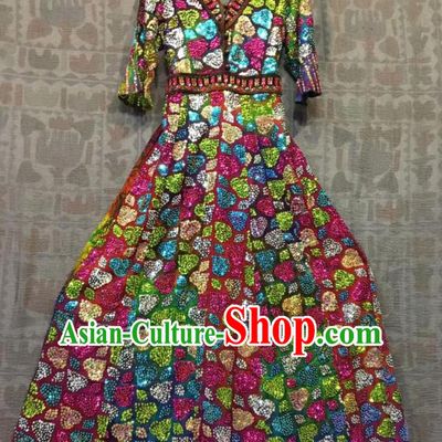 Thailand Traditional Embroidered Beads Magenta Dress Photography Asian Thai National Beach Dress Sequins Costumes for Women