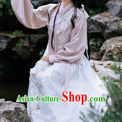 Chinese Ancient Ming Dynasty Costumes Traditional Hanfu Garment Young Lady Embroidered Pink Blouse and Skirt Full Set
