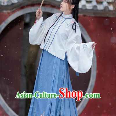 Traditional Chinese Ming Dynasty Costumes Hanfu Garment Ancient Noble Lady Embroidered White Blouse and Blue Skirt Full Set