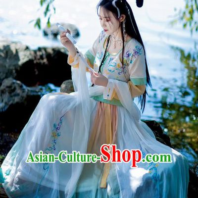 Chinese Tang Dynasty Palace Lady Costumes Traditional Hanfu Ancient Goddess Embroidered Half Sleeved Garment Blouse and Skirt Full Set