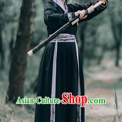 Chinese Ming Dynasty Swordsman Costumes Traditional Hanfu Garment Ancient Young Knight Black Shirt and Skirt Full Set
