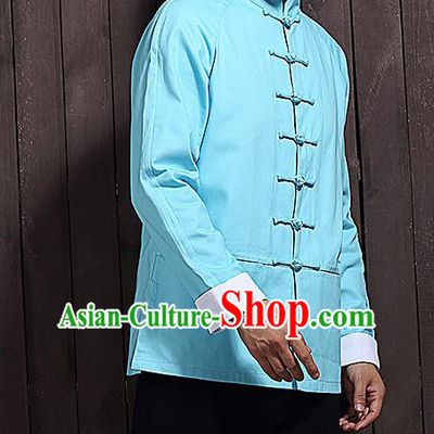 Chinese Traditional Blue Sun Yat Sen Jacket Tang Suit Overcoat Outer Garment Stand Collar Costumes for Men