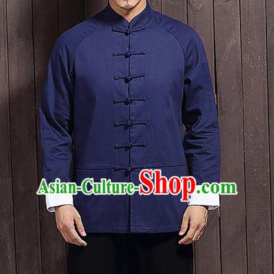 Chinese Traditional Navy Blue Sun Yat Sen Jacket Tang Suit Overcoat Outer Garment Stand Collar Costumes for Men